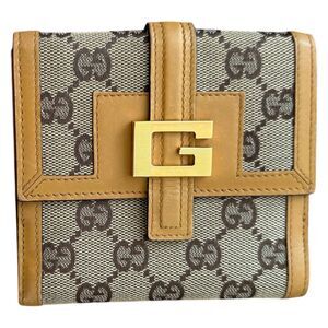 Authentic Gucci Monogram Canvas And Tan Leather Compact Wallet Women Card Slots
